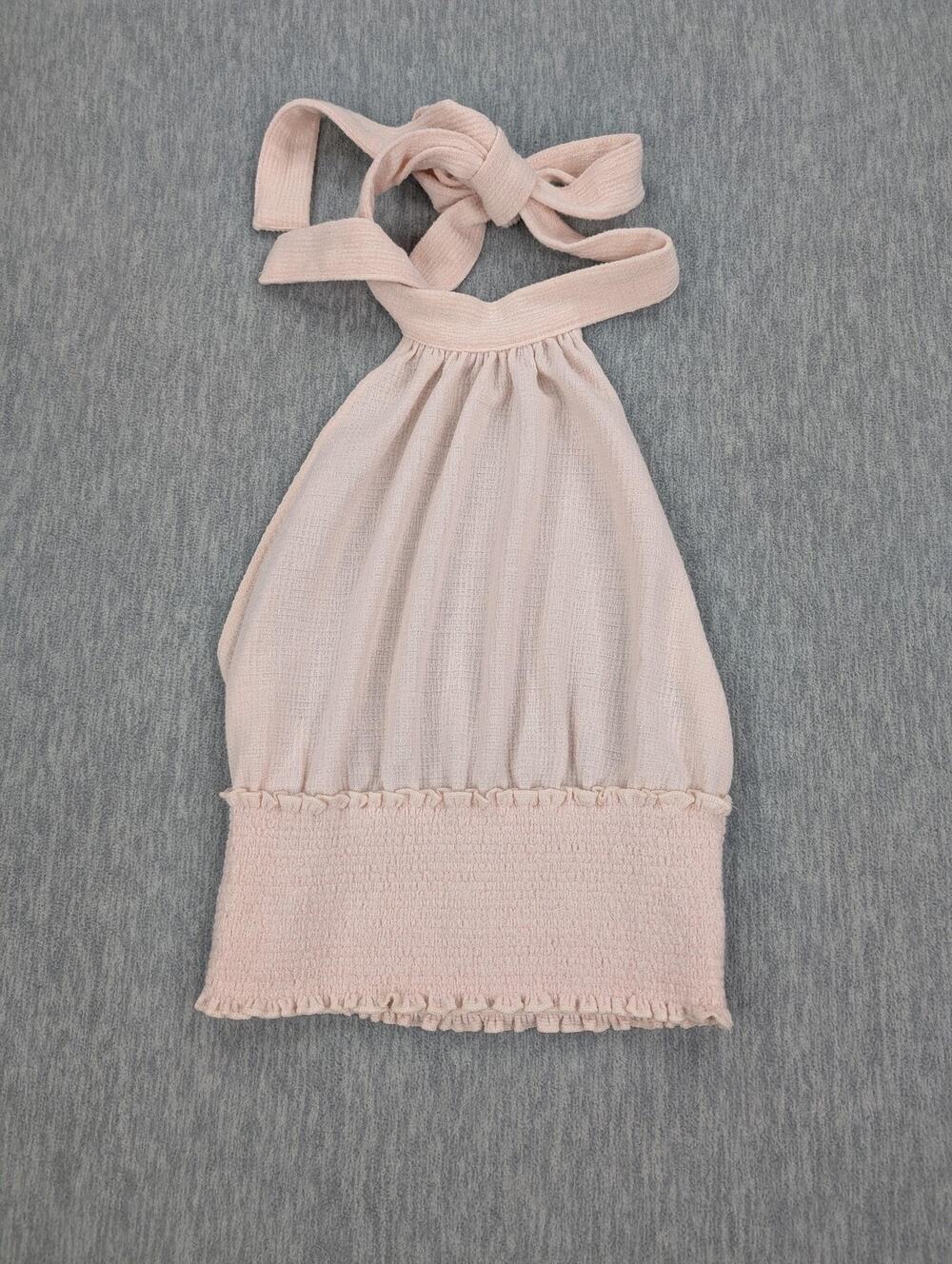 Free People Halter Top Women XS Pink Smocked Gauze Tie Neck Open Back Tie Neck